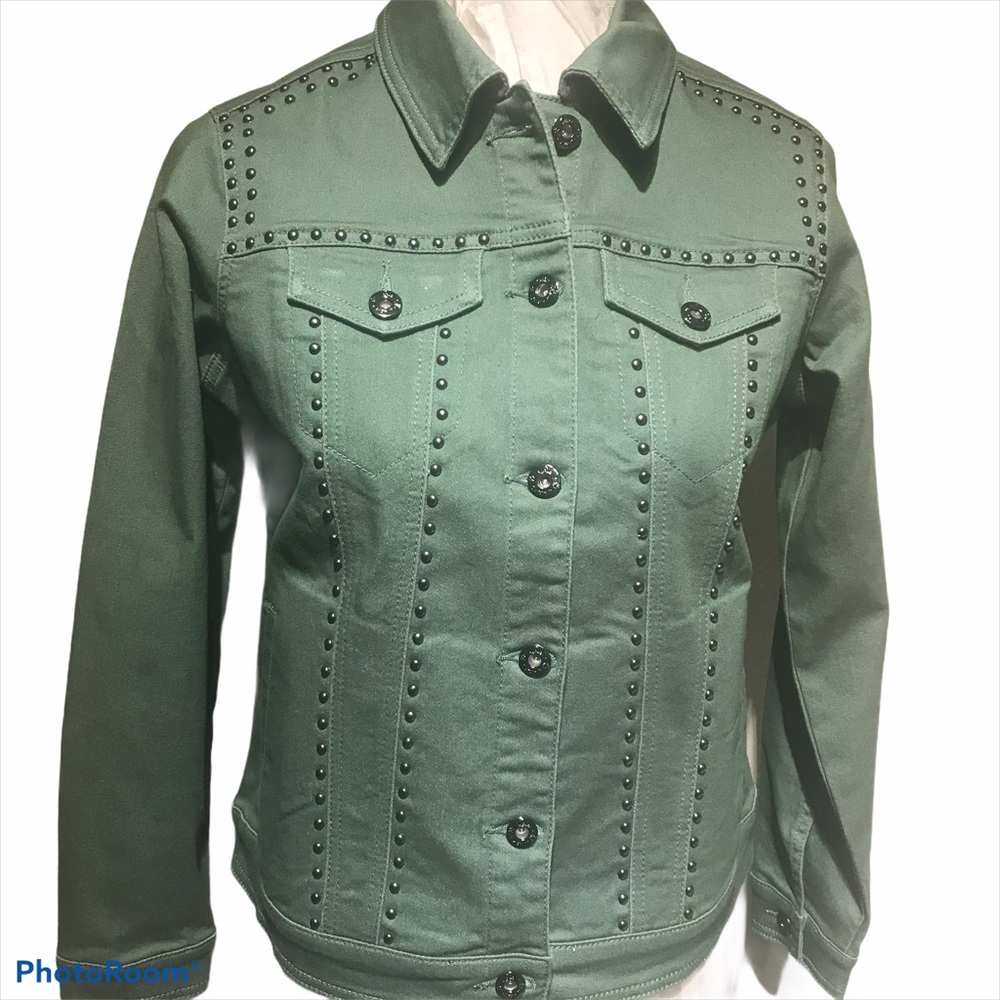 Diane Gilman green denim jacket studded stretchy long sleeves NEW with…